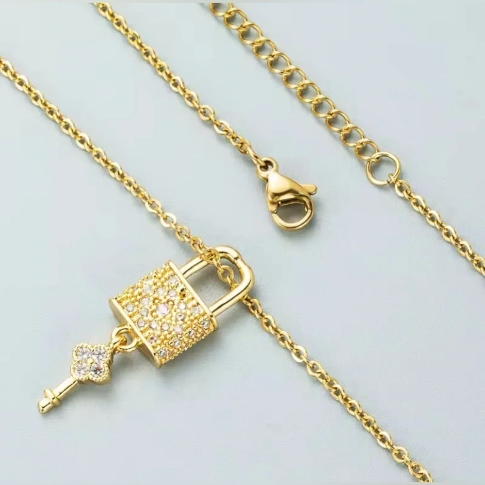18K Gold Clover & Flower Diamond Lock & Key Luxury Inspired Design Necklace